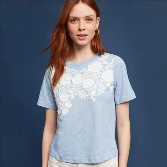 Anthropologie Blue Floral Applique Tee - Picture 4 of 4